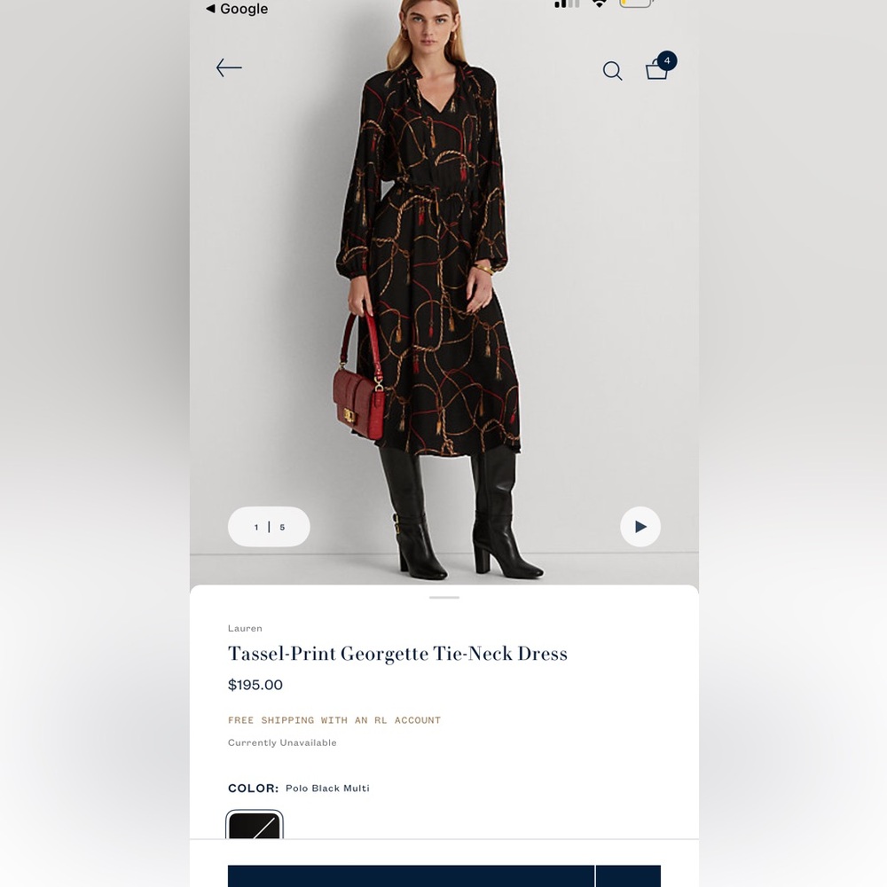 Ralph Lauren Black Dress with Red and Gold Rope Print